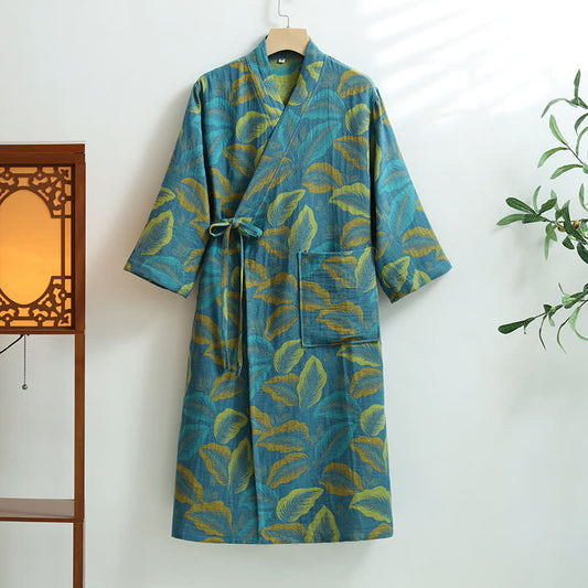 Tropical Leave Cotton Gauze Pocket Bathrobe - XL - image 0