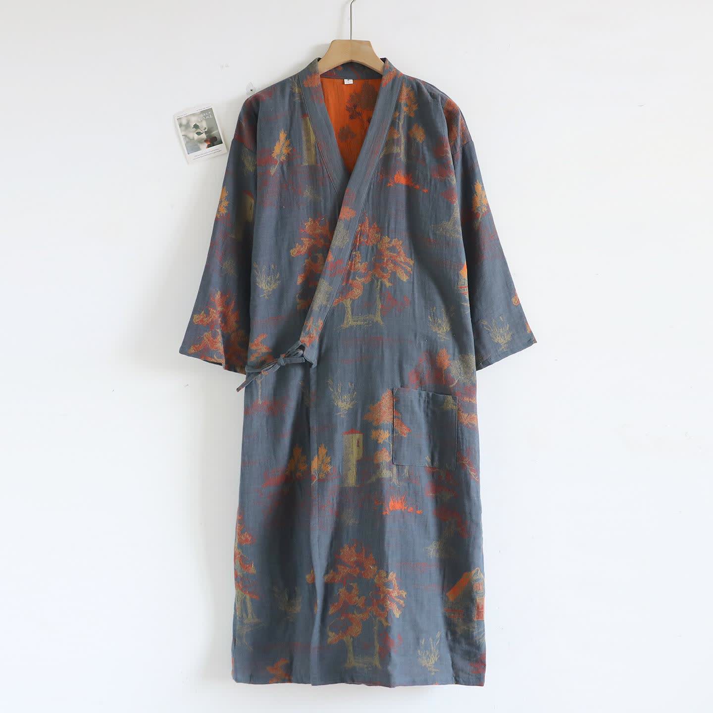 Unisex Landscape Cotton Gauze Bathrobe - Dark Blue - XL - image 11