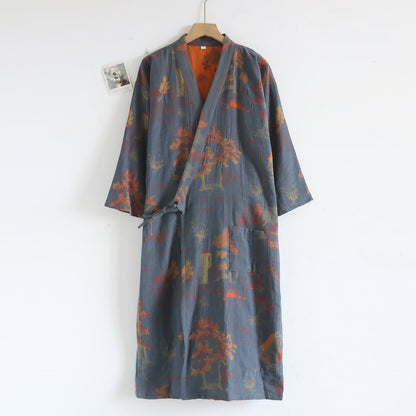 Unisex Landscape Cotton Gauze Bathrobe - Dark Blue - XL - image 11