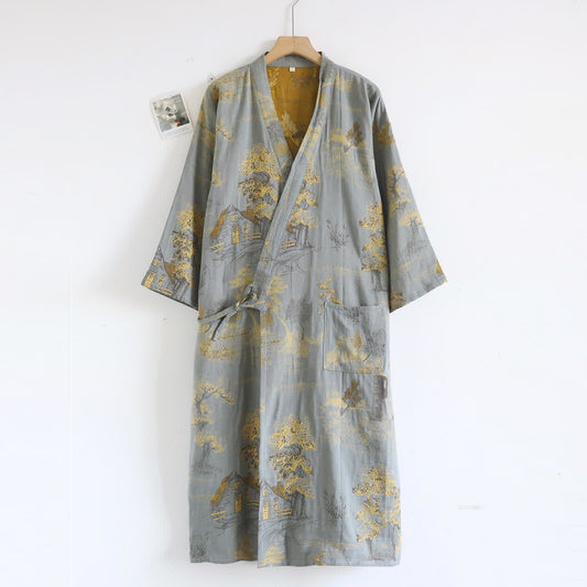 Unisex Landscape Cotton Gauze Bathrobe - Light Gray - XL - image 0