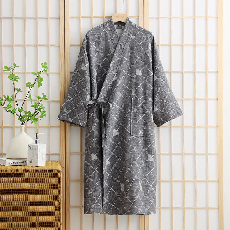 Unisex Diamond Plaid Cotton Pocket Bathrobe - Grey - XL - image 0