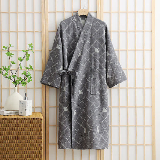 Unisex Diamond Plaid Cotton Pocket Bathrobe - Grey - XL - image 0