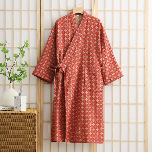 Unisex Geometric Pattern Cotton Pocket Bathrobe - Red - XL - image 0