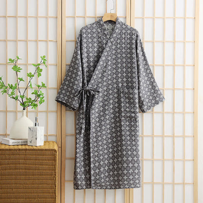 Unisex Geometric Pattern Cotton Pocket Bathrobe - Grey - XL - image 5
