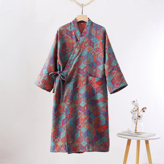 Retro Geometric Diamond Cotton Gauze Bathrobe - XL - image 0