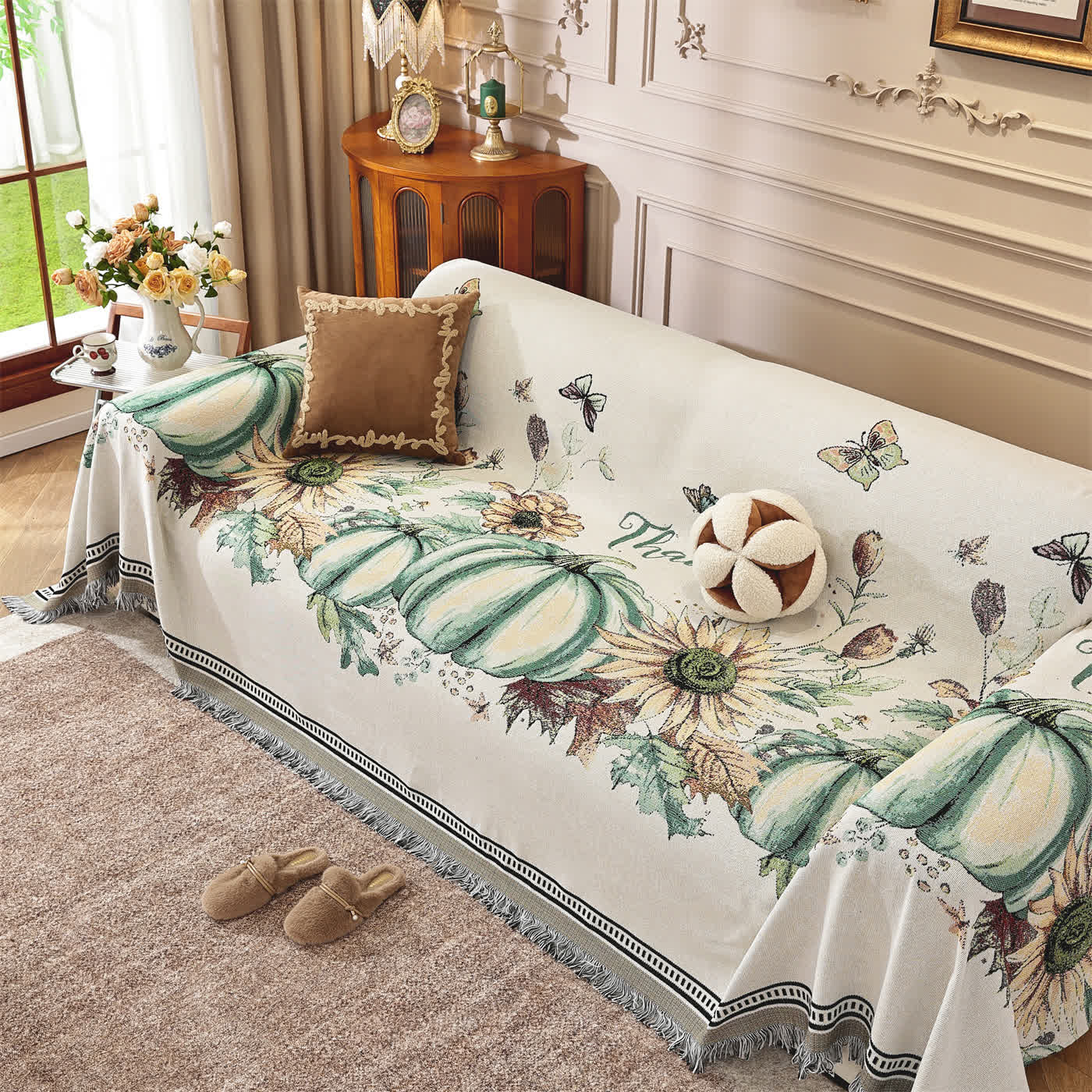 Pumpkin Sunflower Chenille Sofa Throw Blanket - 71" x 134" - image 0