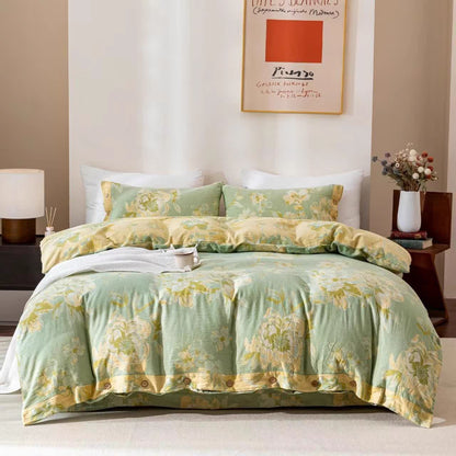 Reversible Floral Cotton Gauze Button Bedding Set (4PCS) - Green&Yellow - King - image 8