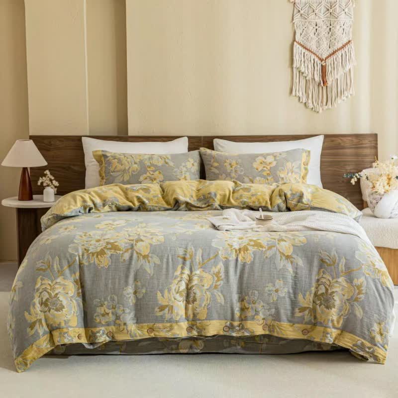 Reversible Floral Cotton Gauze Button Bedding Set (4PCS) - Grey&Yellow - King - image 13