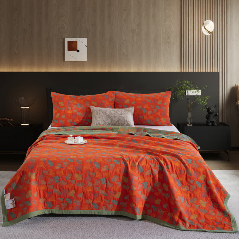 Ginkgo Biloba Organic Cotton Quilt - Orange Red - 2PCS Pillowcases - 20" x 36" - image 23
