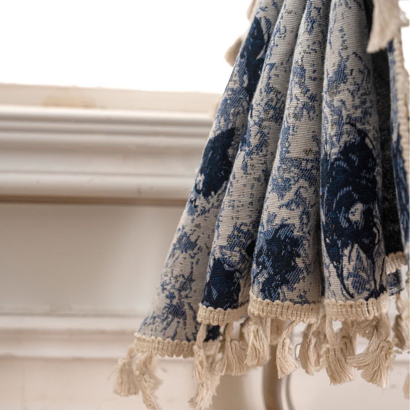 Blue Abstract Jacquard Tassel Curtains - image 4