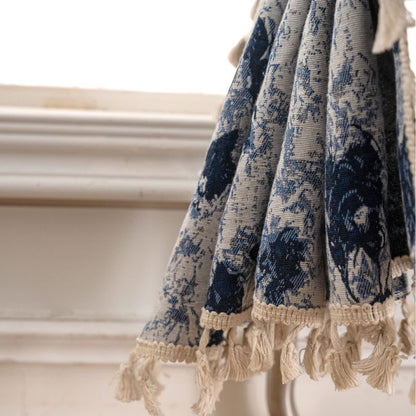 Blue Abstract Jacquard Tassel Curtains - image 4