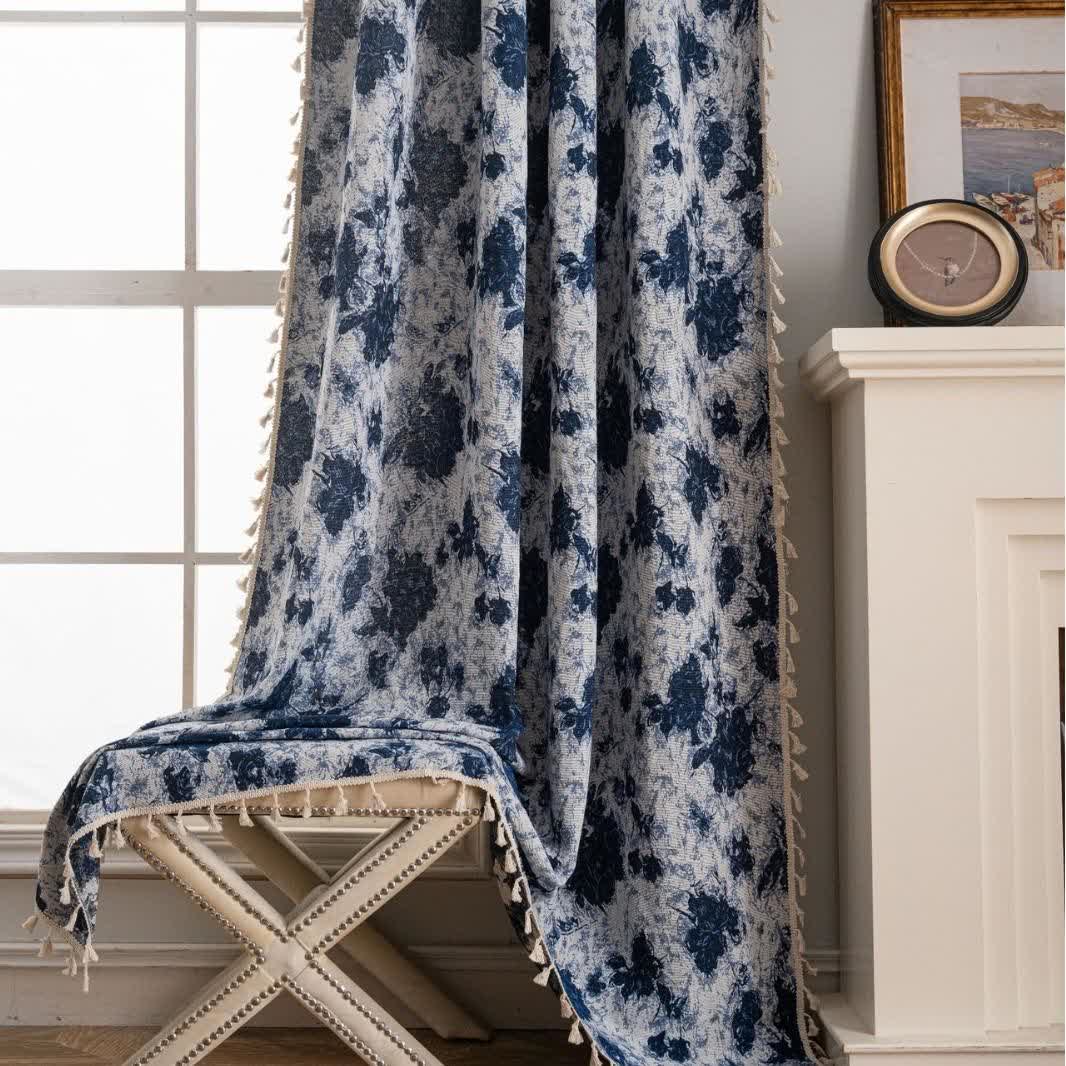 Blue Abstract Jacquard Tassel Curtains - image 2