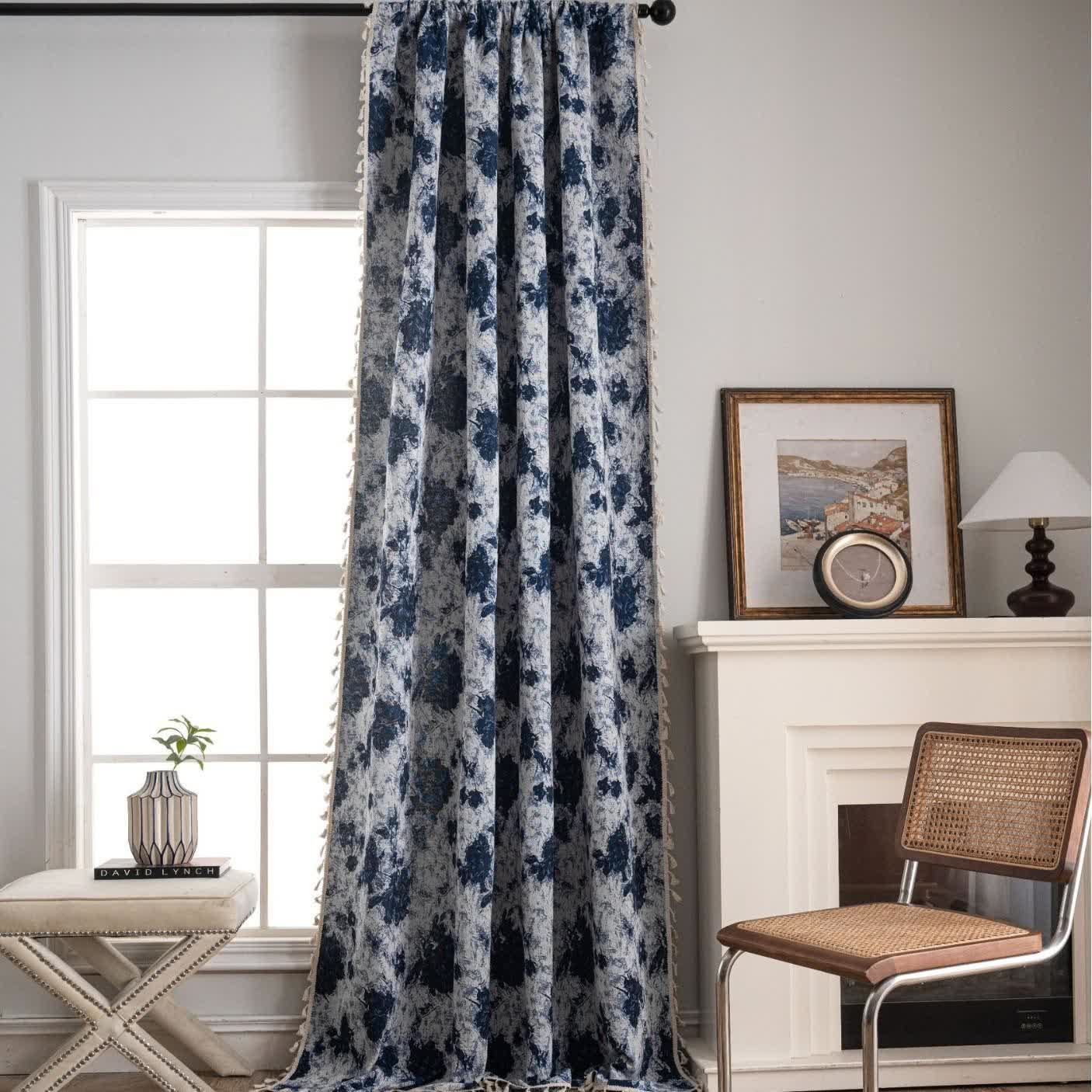 Blue Abstract Jacquard Tassel Curtains - image 1