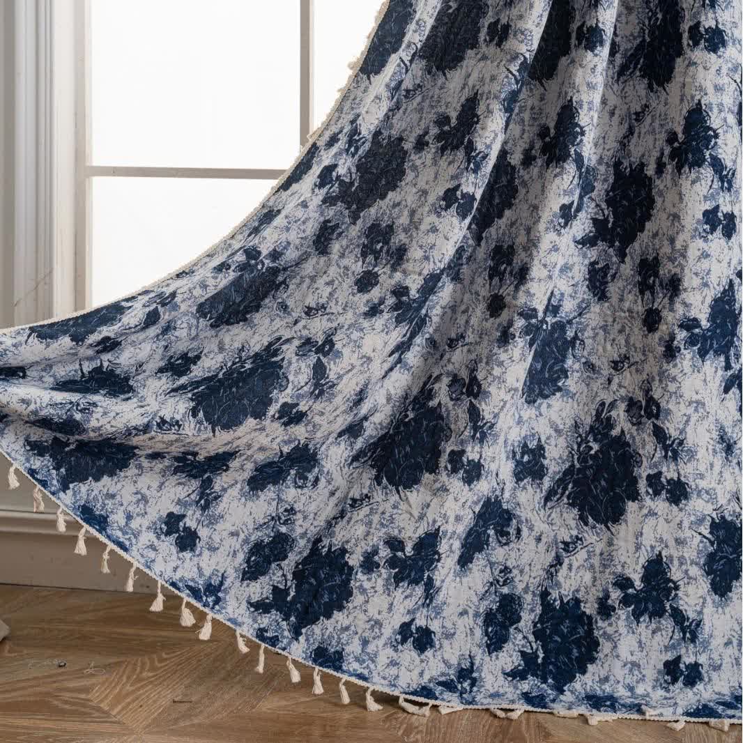 Blue Abstract Jacquard Tassel Curtains - Rod Pocket - 59" x 102" - image 0