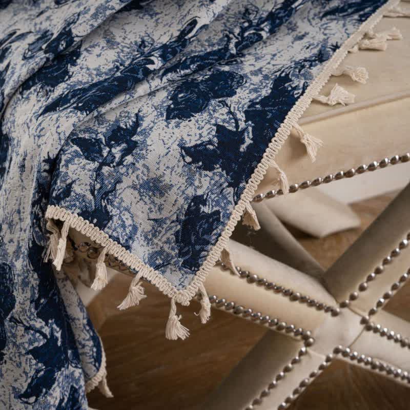 Blue Abstract Jacquard Tassel Curtains - image 5