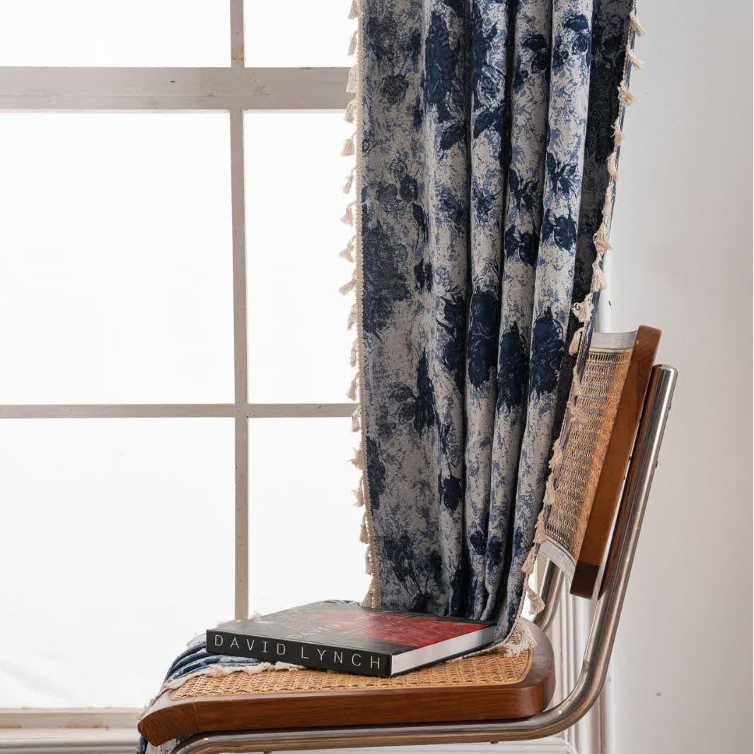 Blue Abstract Jacquard Tassel Curtains - image 3