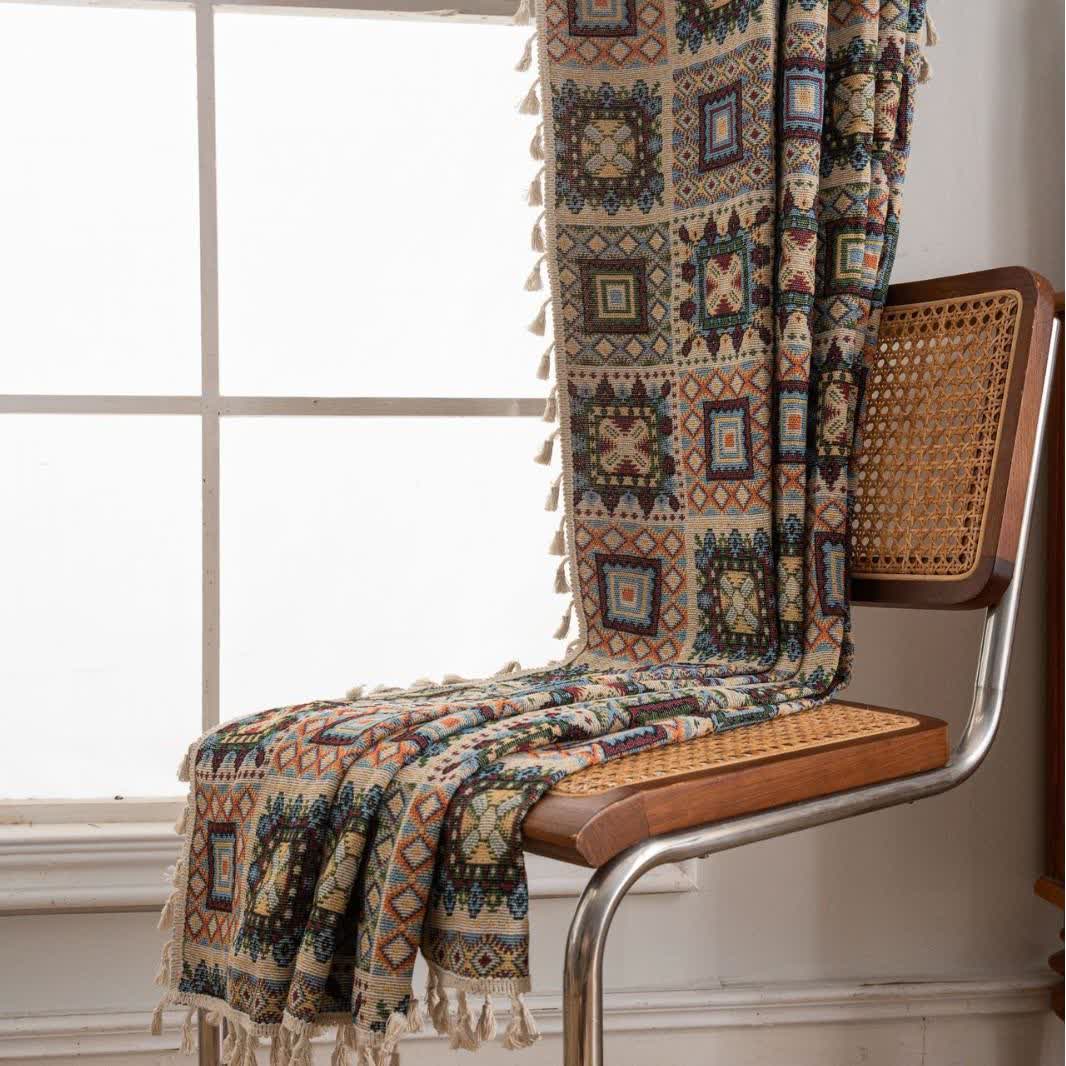 Retro Geometric Square Jacquard Curtain - image 4