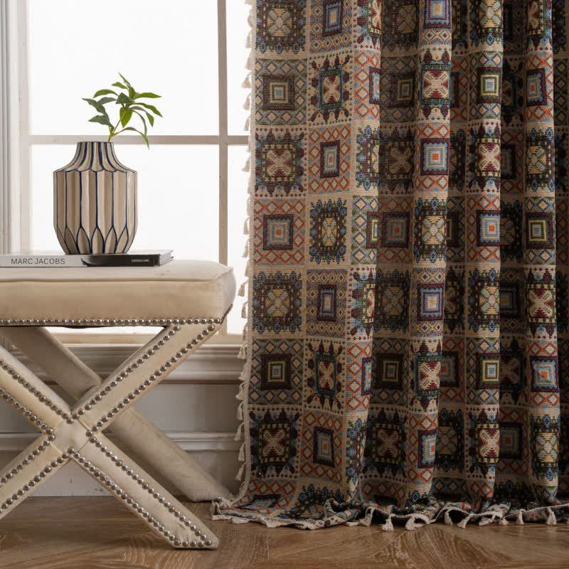 Retro Geometric Square Jacquard Curtain - image 2