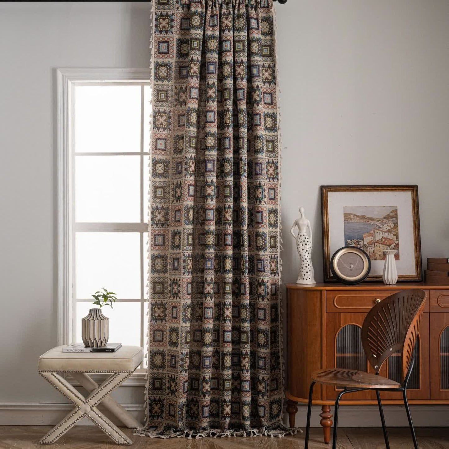 Retro Geometric Square Jacquard Curtain - image 1
