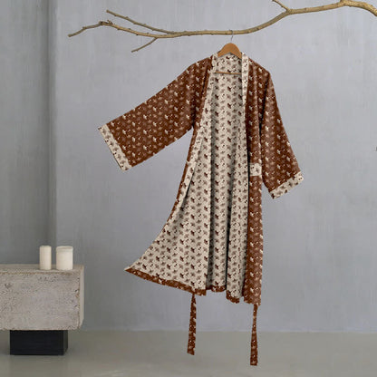 Two-Tone Ginkgo Cotton Gauze Kimono Robe - Coffee & Beige - XL - image 24
