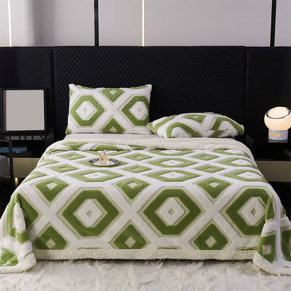 Geometric Pattern Jacquard Sherpa Blanket - Green - Queen - image 0