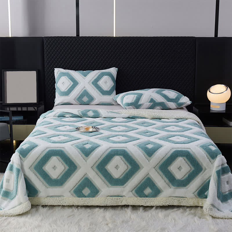 Geometric Pattern Jacquard Sherpa Blanket - Cyan - Queen - image 16