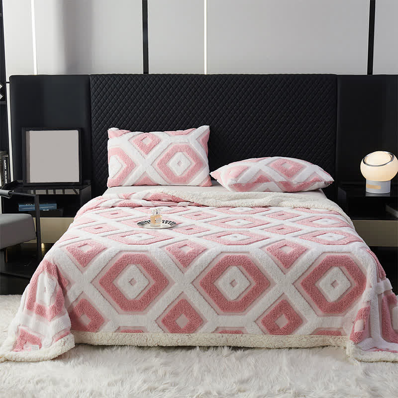 Geometric Pattern Jacquard Sherpa Blanket - Pink - Queen - image 9