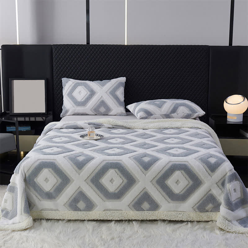 Geometric Pattern Jacquard Sherpa Blanket - Light Gray - Queen - image 12