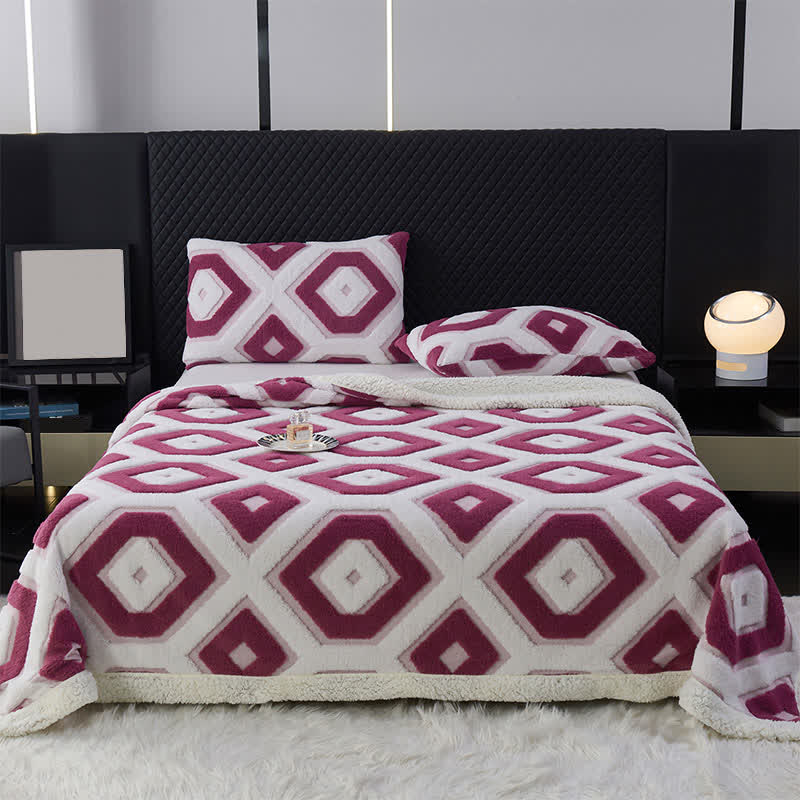 Geometric Pattern Jacquard Sherpa Blanket - Purple - Queen - image 11