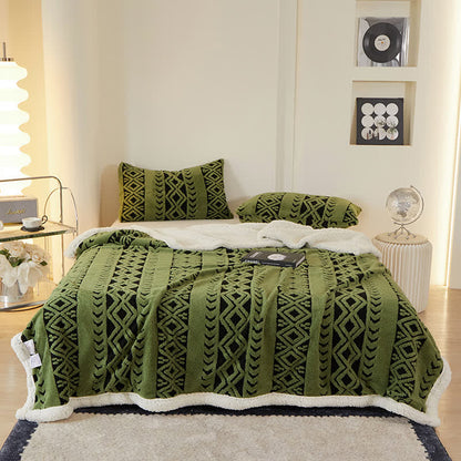 Striped Diamond Jacquard Warm Blanket - Green - Queen - image 14