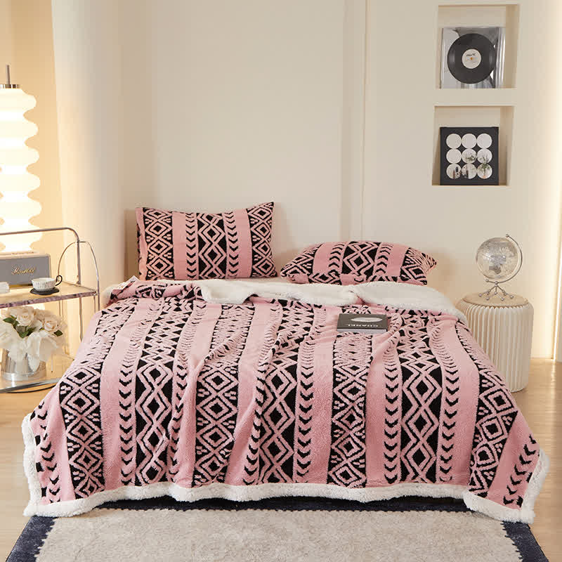 Striped Diamond Jacquard Warm Blanket - Pink - Queen - image 0