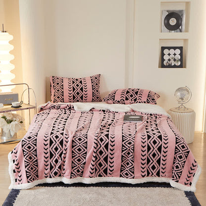 Striped Diamond Jacquard Warm Blanket - Pink - Queen - image 0