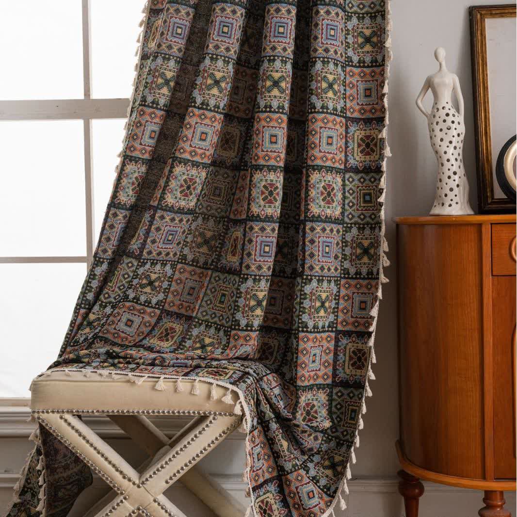 Retro Geometric Square Jacquard Curtain - image 9