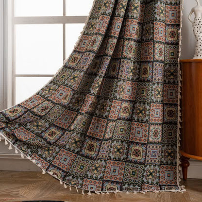 Retro Geometric Square Jacquard Curtain - Rod Pocket - Black - 59" x 102" - image 7