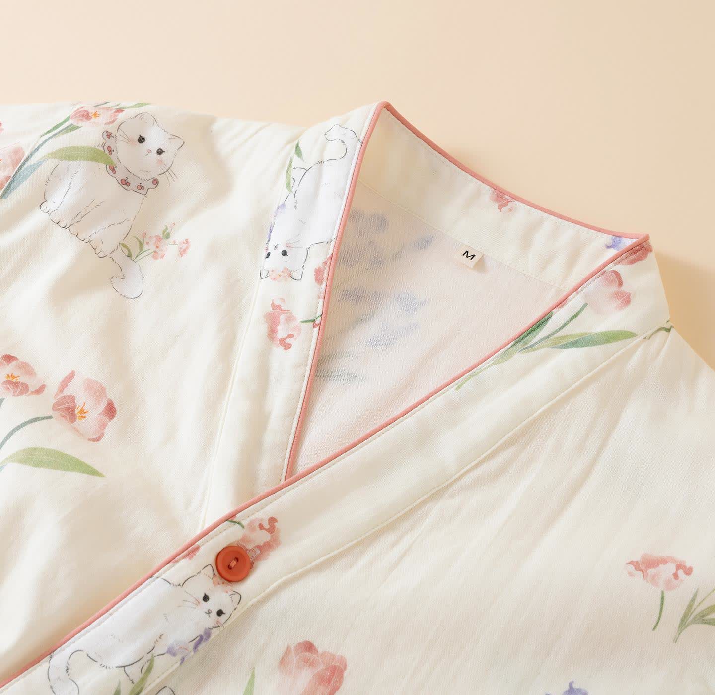 Cotton Gauze Floral Cat Kimono Pajamas - image 4