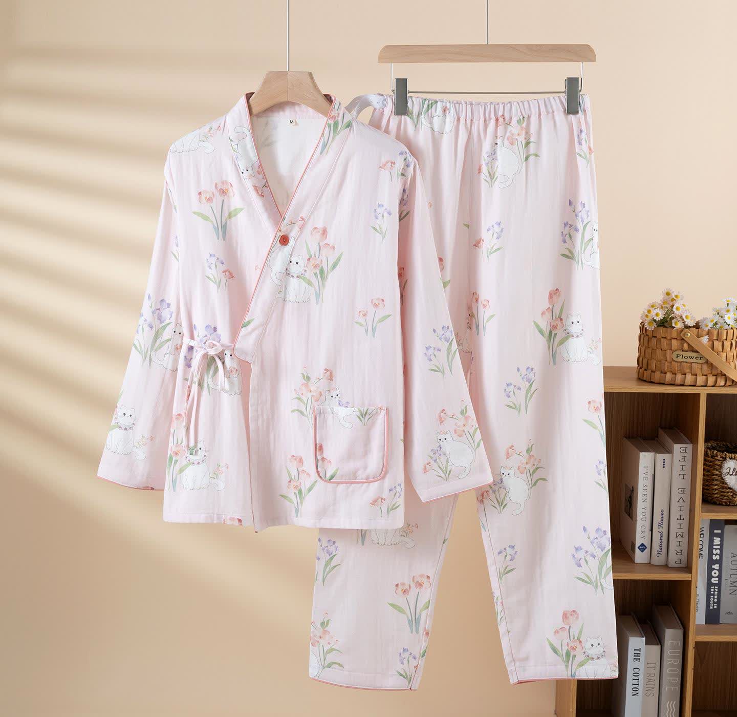 Cotton Gauze Floral Cat Kimono Pajamas - Pink - 2XL - image 2