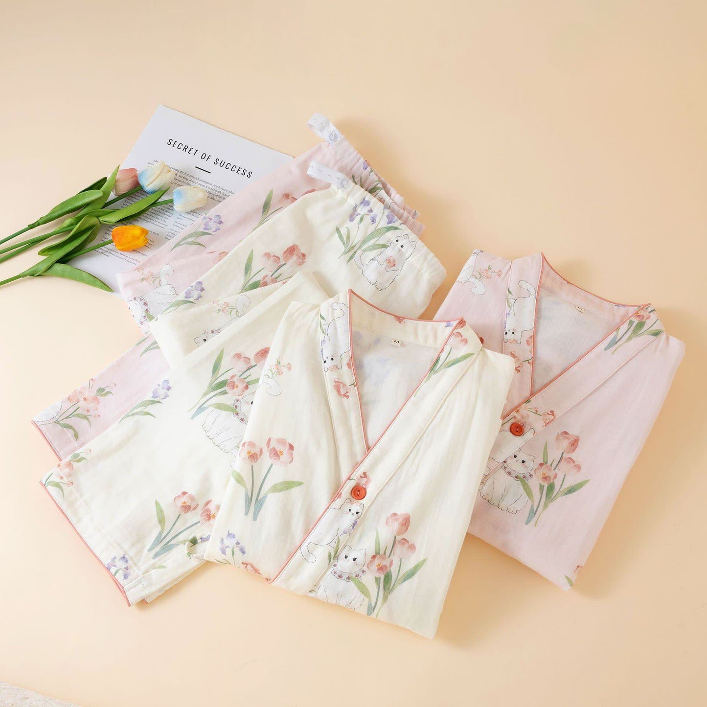 Cotton Gauze Floral Cat Kimono Pajamas - image 1