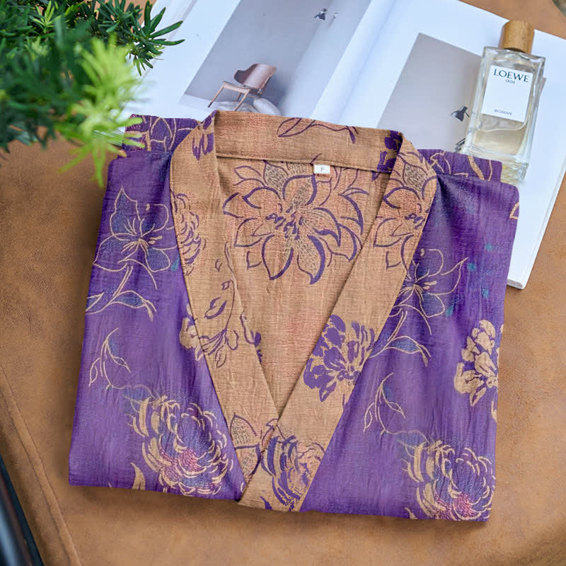 Two-Tone Peony Cotton Gauze Kimono Robe - image 2