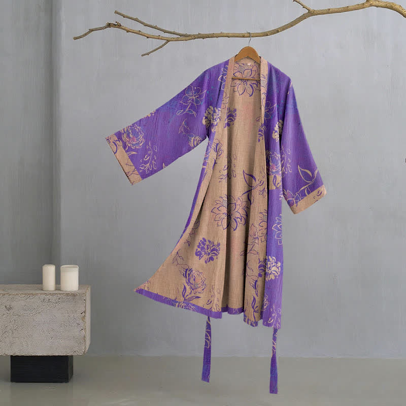 Two-Tone Peony Cotton Gauze Kimono Robe - Purple - XL - image 0