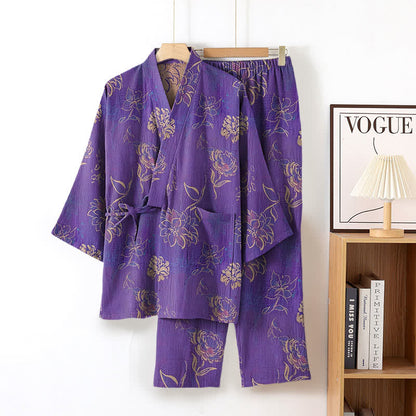Peony Cotton Gauze Kimono Loungewear Set - Purple - XL - image 1