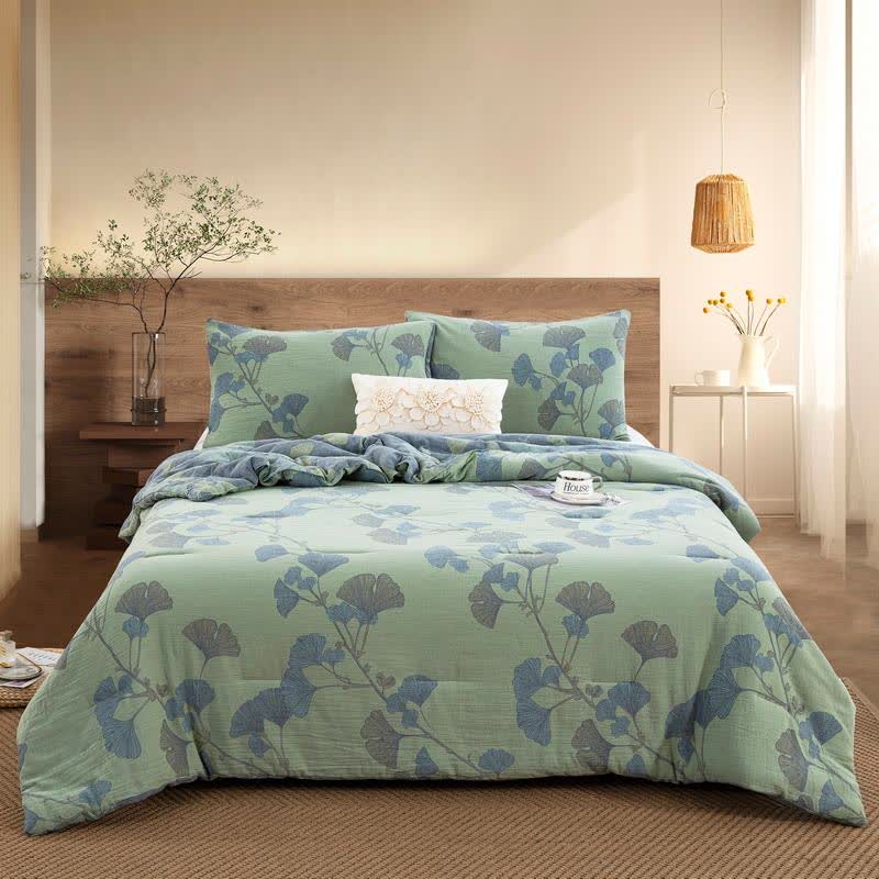 Ginkgo Leaf Cotton Gauze Reversible Bedding  - Quilt with 2pcs Pillowcases - Green - King - image 0