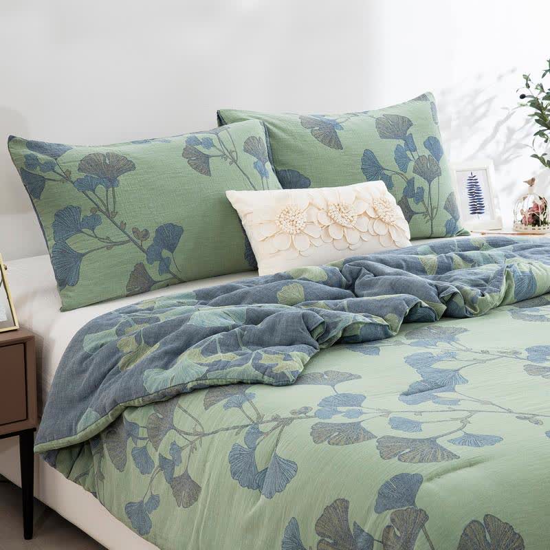 Ginkgo Leaf Cotton Gauze Reversible Bedding  - 2pcs Pillowcases - Green - 20" x 36" - image 3