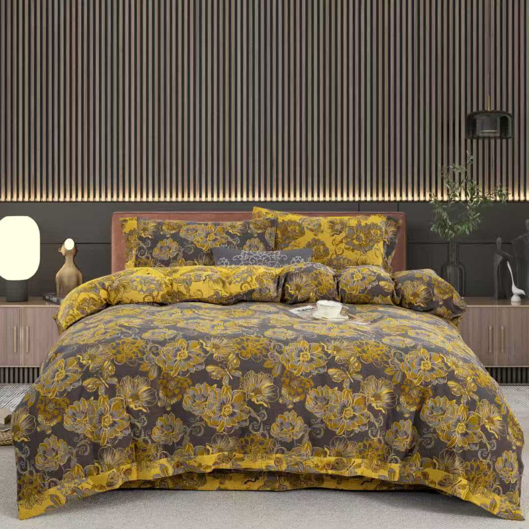 Floral Butterfly Cotton Gauze Bedding Set(4pcs) - Black & Yellow - King - image 9
