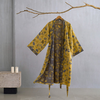 Ginkgo Biloba Cotton Gauze Kimono Robe - Light Yellow - XL - image 26