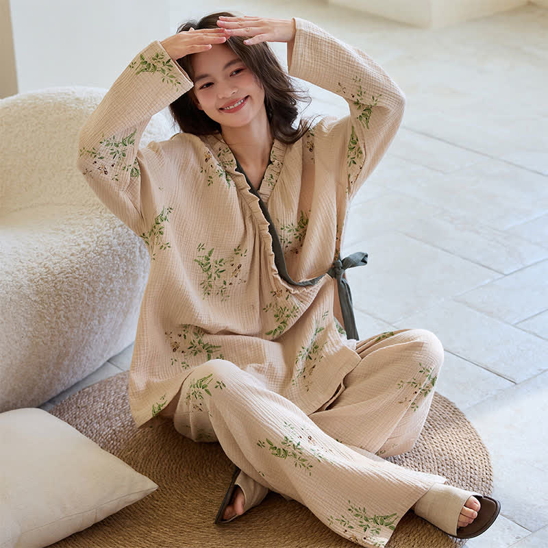 Botanical Leaf Kimono Loungewear Set - image 1