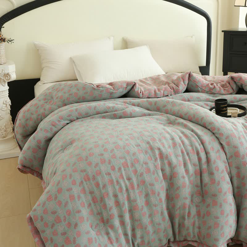 Fun Pumpkin Cotton Gauze Jacquard Quilt - Blue & Pink - Winter Quilt - King - image 4