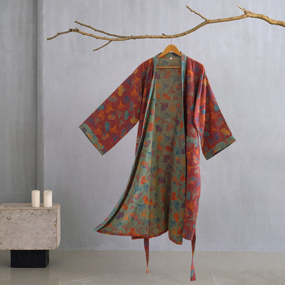 Ginkgo Biloba Cotton Gauze Kimono Robe - Wine - 2XL - image 20