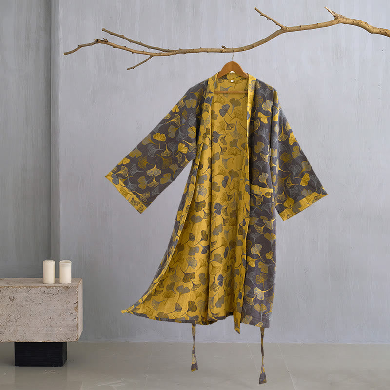 Ginkgo Biloba Cotton Gauze Kimono Robe - Dark Grey - XL - image 27
