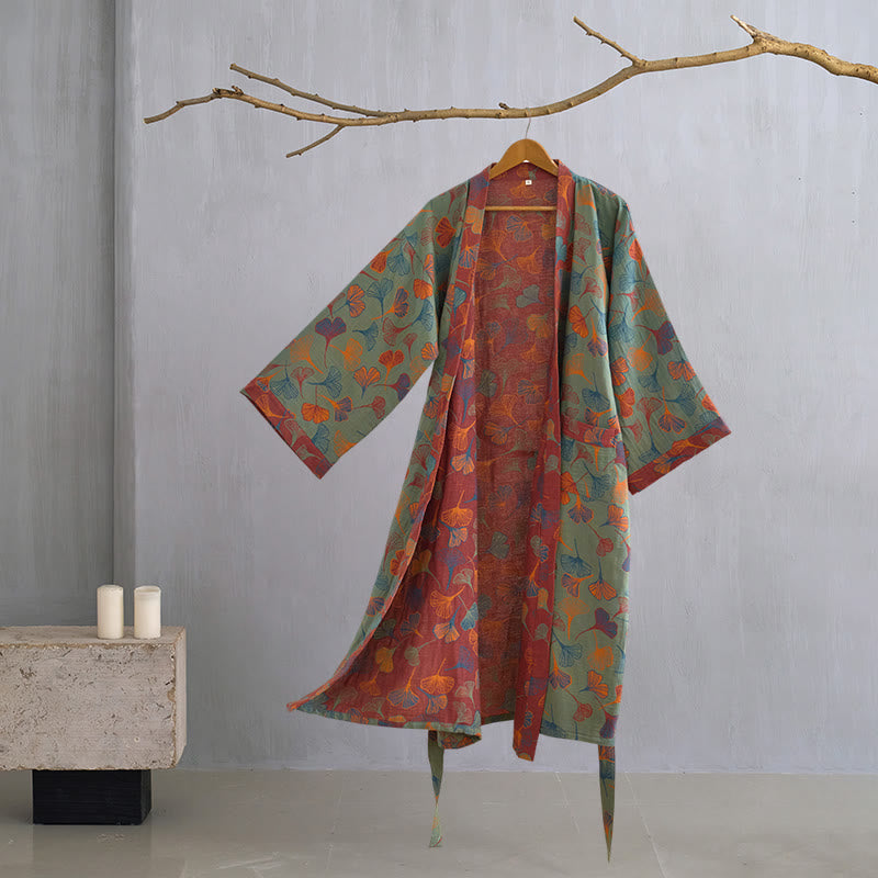 Ginkgo Biloba Cotton Gauze Kimono Robe - Dark Green - XL - image 14