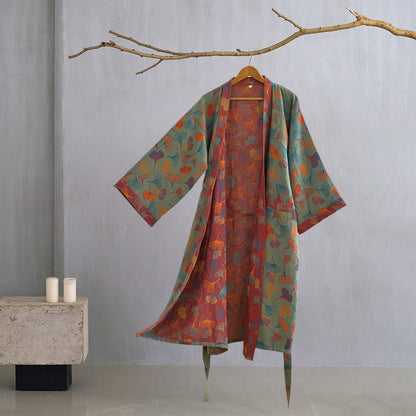 Ginkgo Biloba Cotton Gauze Kimono Robe - Dark Green - XL - image 14